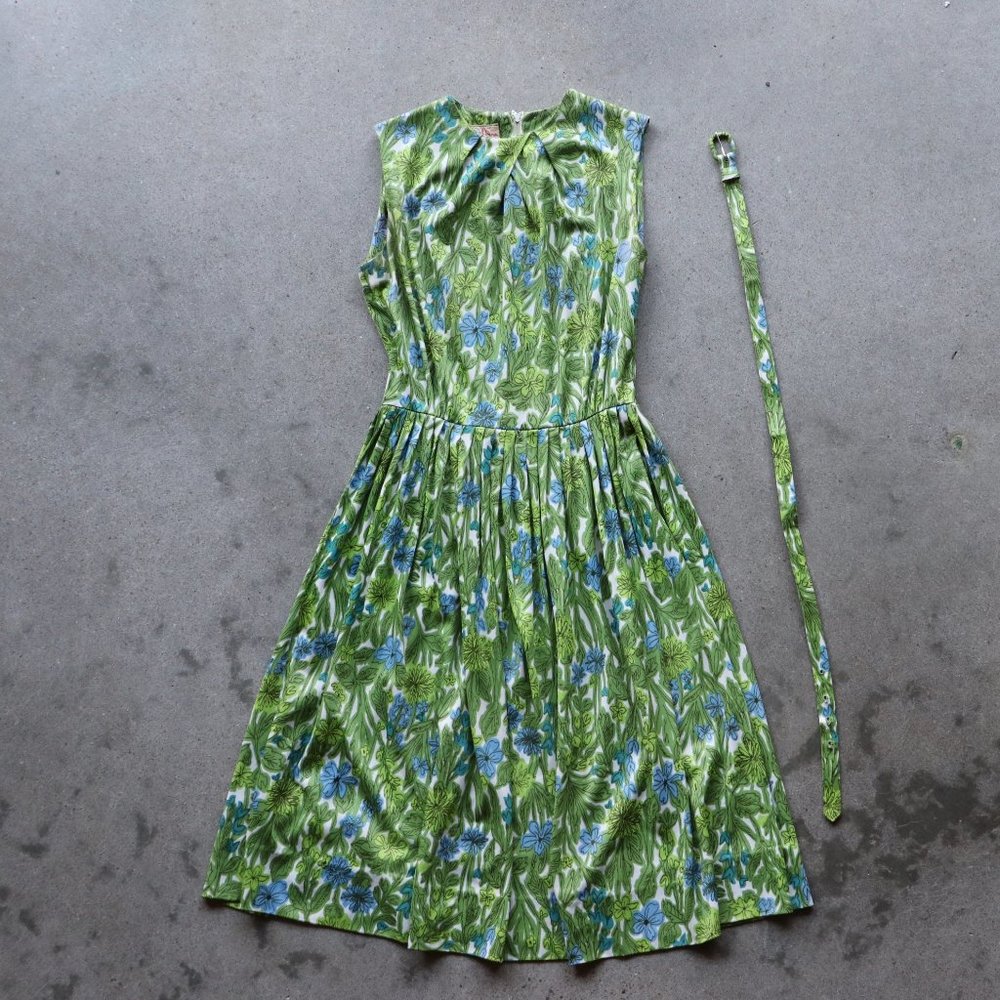 1960s Vintage Fit Flare Grn Summer Dress - Picture 3 of 9